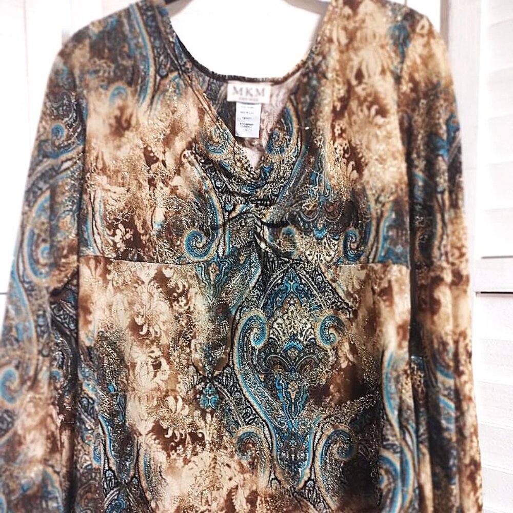 MKM Pretty Sparkle Plenty Top with golden threads, empire waist and cinched V-ne